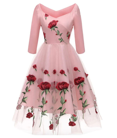 Robe Années 40 Fleurie Rose - Madame-Vintage