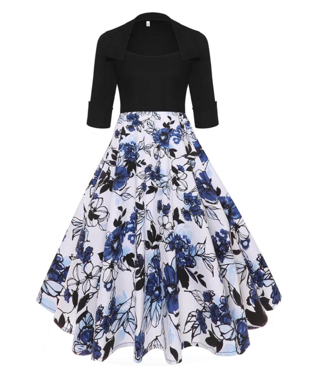 Robe Années 40 Taille Haute Noire Fleurs - Madame Vintage
