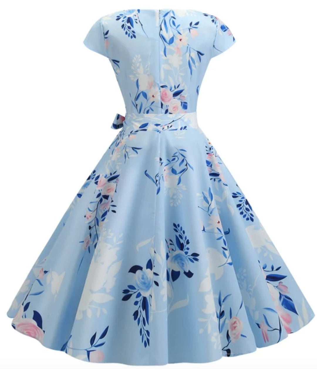 Robe Vintage Pop Soda Années 50 – Bleu à Fleurs, Taille L, Coton, Sans Manches
