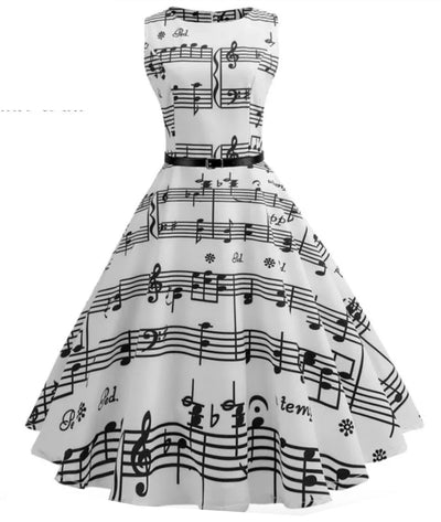 Robe Vintage Sans Manche Rockabilly Impression Musique - Madame Vintage